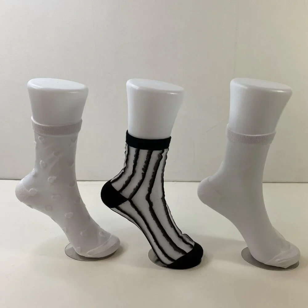 Sheer Ankle Socks Set - 3 Stylish Pairs With Hearts Stripes & Solid Patterns